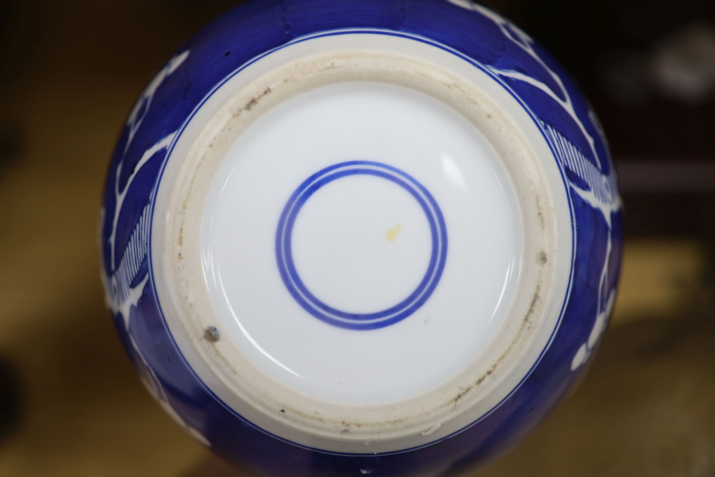 A Chinese blue and white cylindrical vase, another vase and cover and a blue and white jar and cover, together with a cloisonne vase and a bronze censer, tallest 32cm